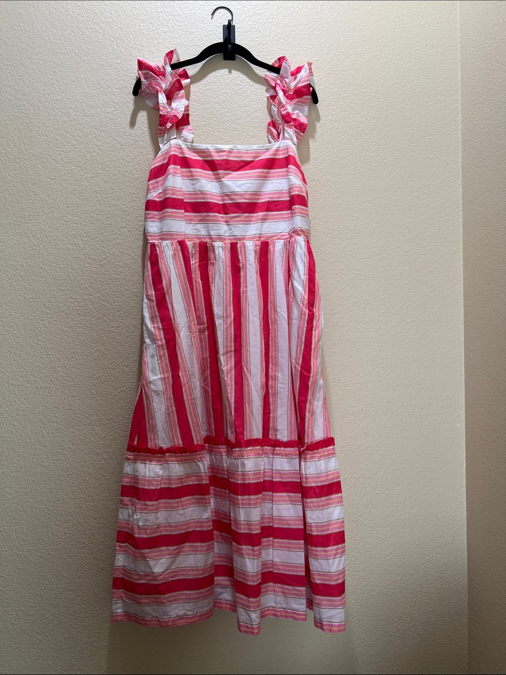 J. Crew Pink & White Striped Ruffle-Shoulder Midi Dress
